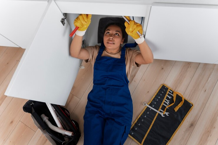 Woman lies on ground to do a DIY fix on her sink's pipes